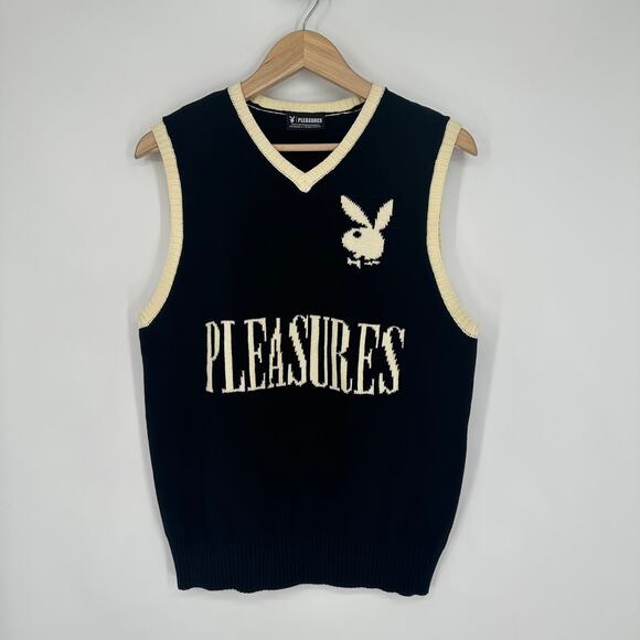 PLEASURES x Playboy Sweater Vest Vintage V-Neck Sleeveless Logo Pullover, Black - Picture 4 of 14